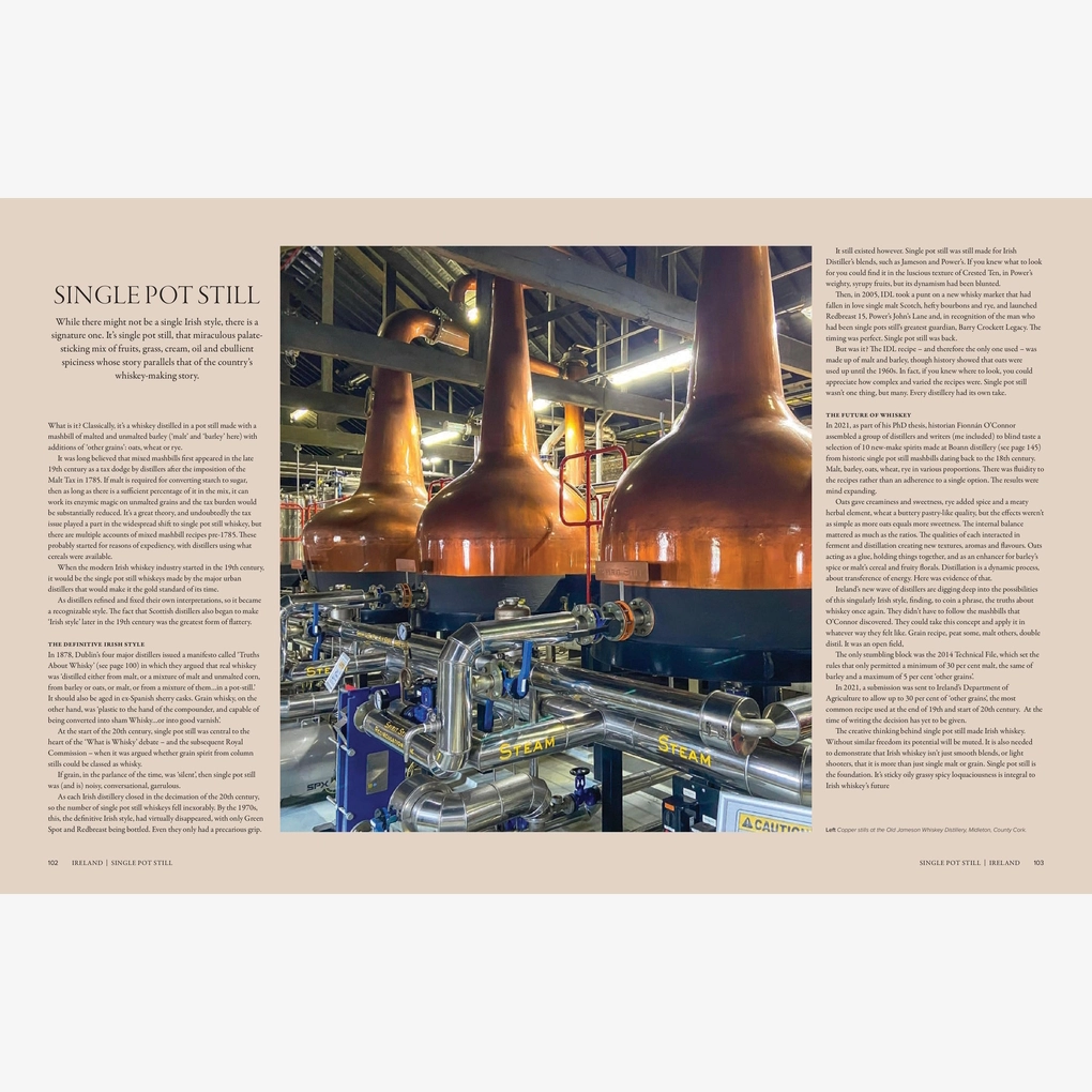An interior spread featuring a photography of whisky stills.